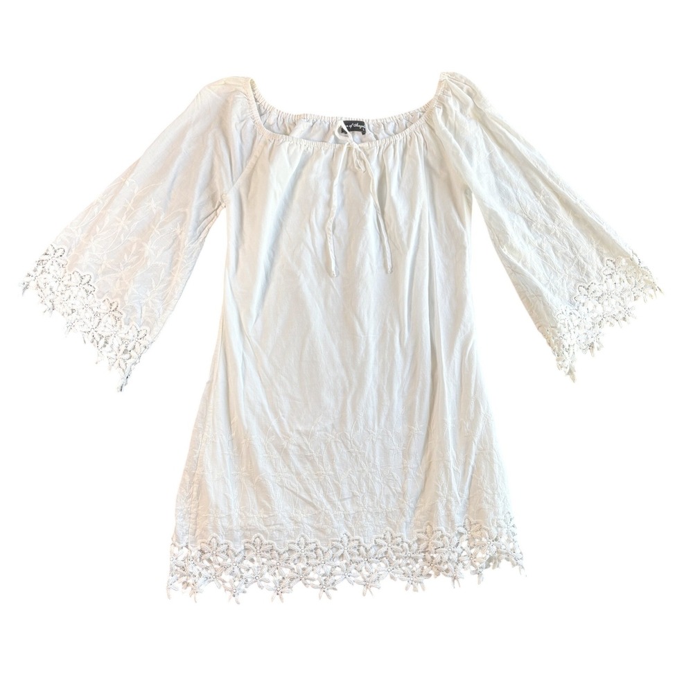 Union of Angels White Cotton Embroidered Lace Trim Bell Sleeve Peasant Tunic L